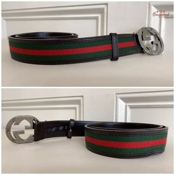 Authentic Gucci Web Green/Red Canvas Silver Interlocking G Buckle Belt 85/34 - Picture 10 of 12